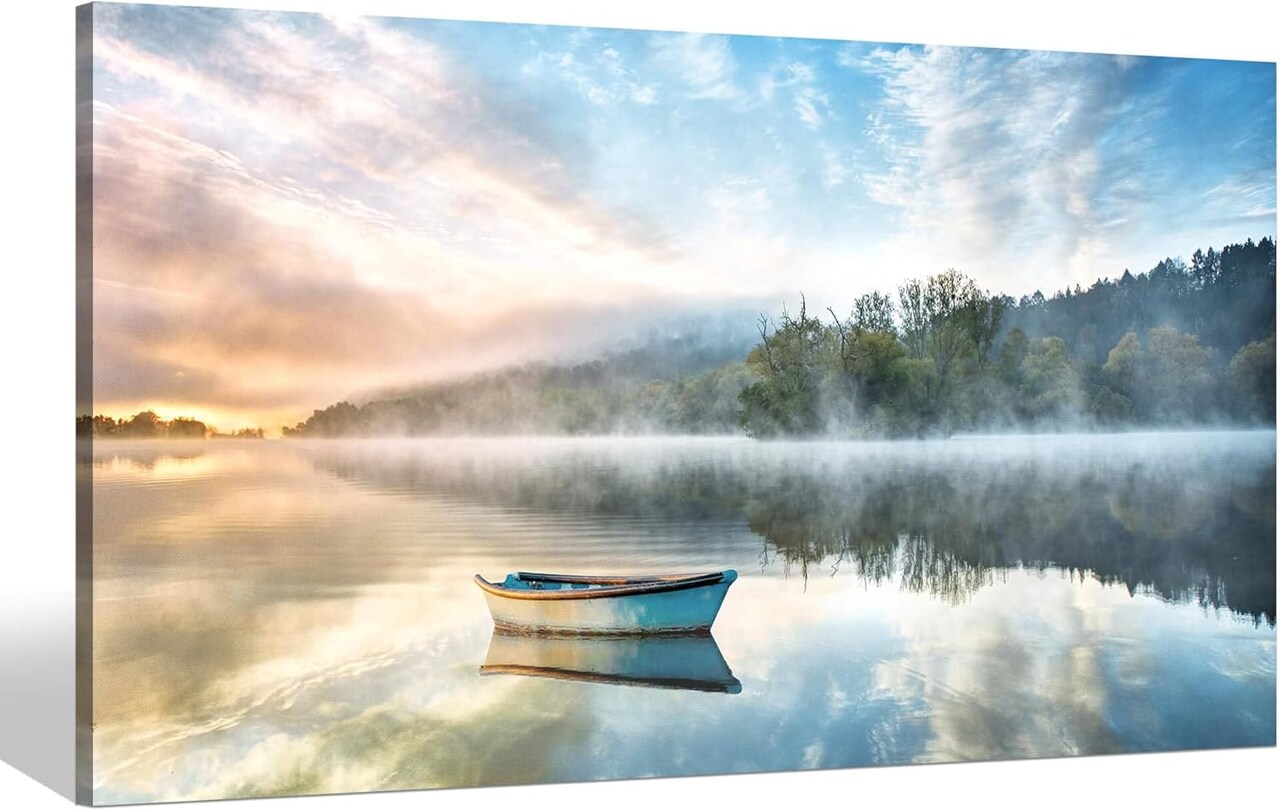 Lake Landscape Canvas Wall Art – Modern Nature Boat Scene Sunrise Print for Bedroom & Living Room